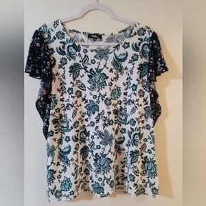 Angels White Floral Scoop Neck Top with Teal and Navy Lace Sleeves